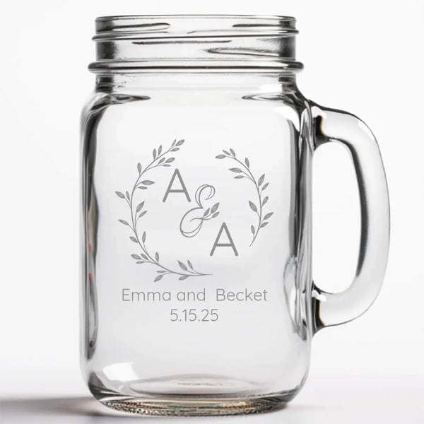 Leaf Round | Personalized 16 oz Mason Jar Mug | Custom Engraved Favor