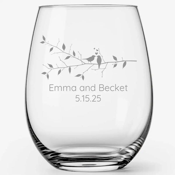 Love Birds on Branch | Personalized Stemless Wine Glass | Custom Engraved Favor