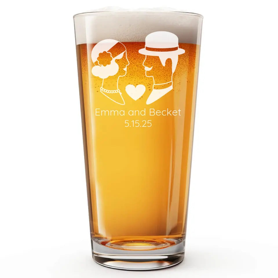 Vintage Bride-Groom | Personalized 16 oz Pint Glass | Custom Engraved Favor