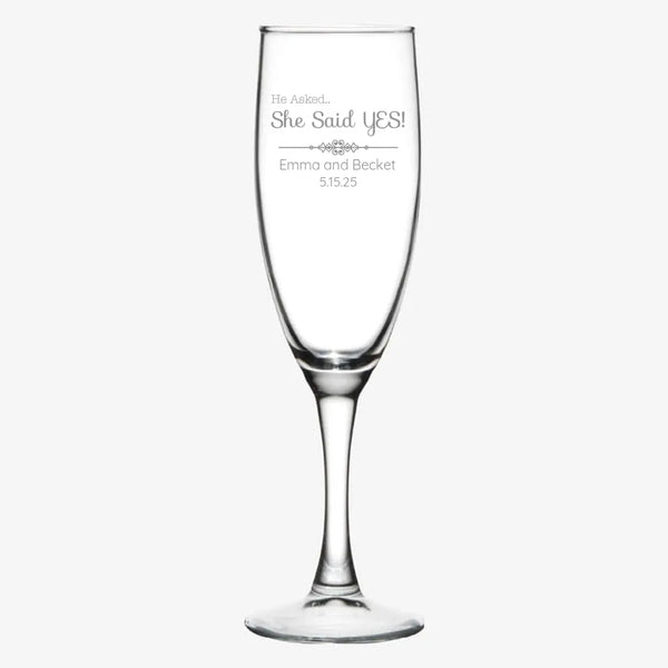 He Asked | Personalized Champagne Flute | Custom Engraved Favor