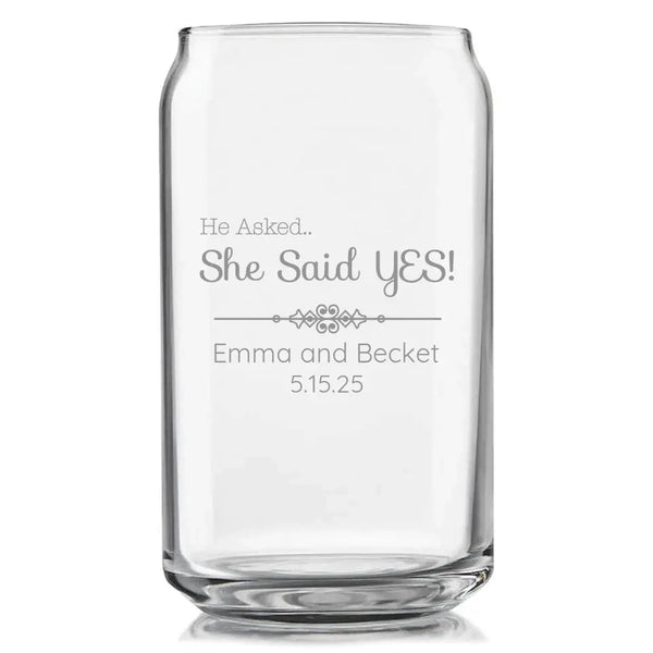 He Asked | Personalized Glass Beer Can | Custom Engraved Favor
