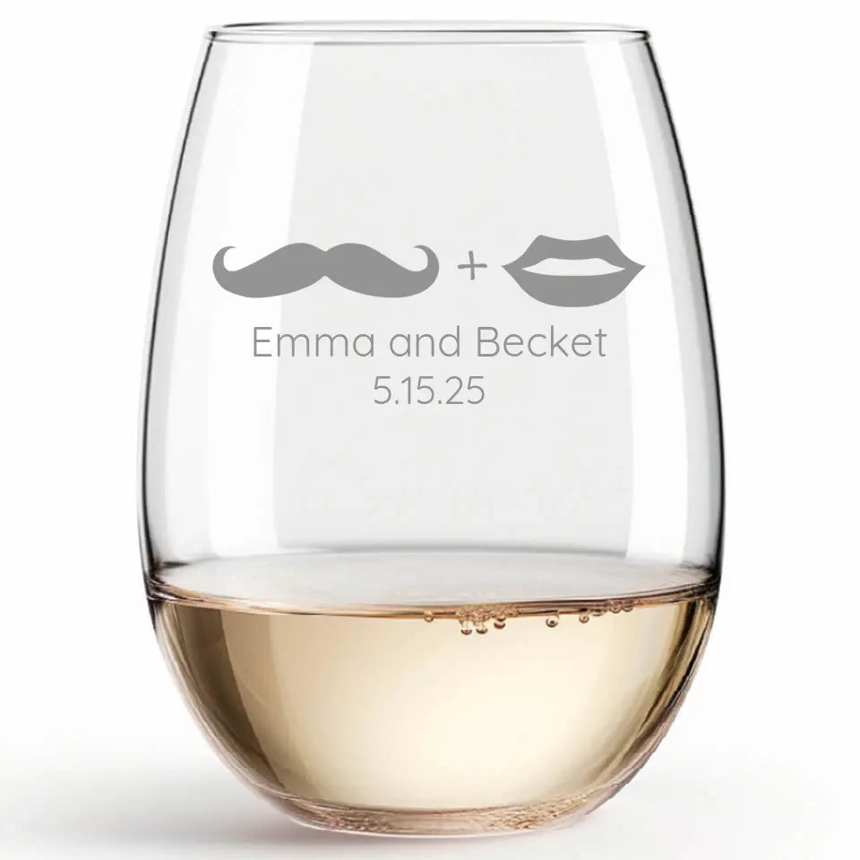 Mustache & Lips | Personalized Stemless Wine Glass | Custom Engraved Favor
