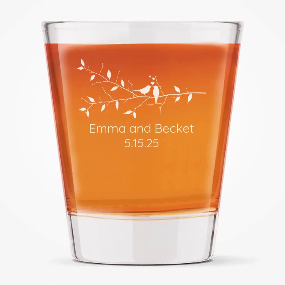 Love Birds on Branch | Personalized 1.75 oz Shot Glass | Custom Engraved Favor