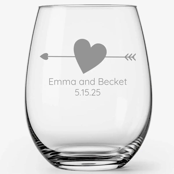 Arrow Heart | Personalized Stemless Wine Glass | Custom Engraved Favor