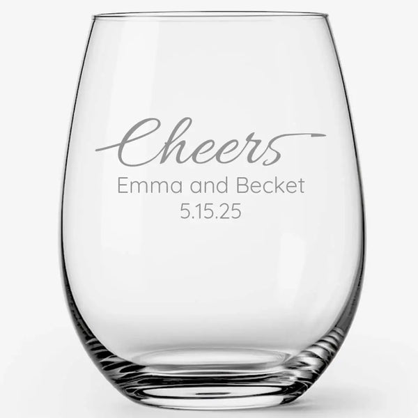 Cheers | Personalized Stemless Wine Glass | Custom Engraved Favor