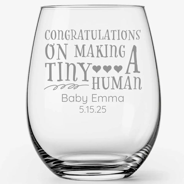 Tiny Human | Personalized Stemless Wine Glass | Custom Engraved Favor