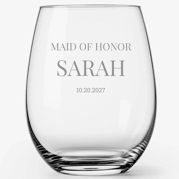 Personalized Maid of Honor Wedding Engraved Design | Bridal Party Glasses