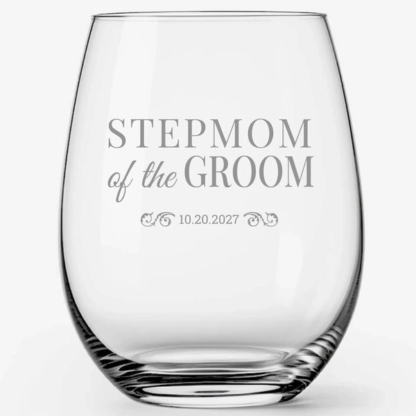 Personalized Stepmom of the Groom Wedding Engraved Design | Family Wedding Glasses